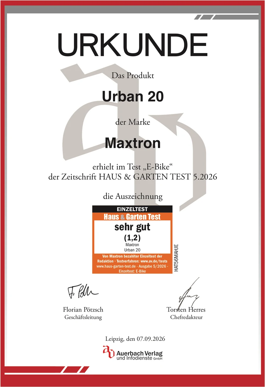 Urkunde Haus und Garten Test: Maxtron Urban 20, Note sehr gut (1,2)