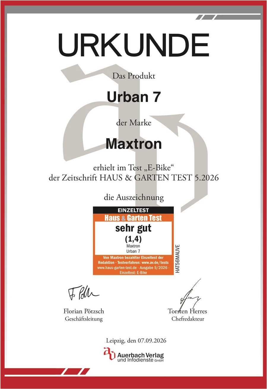 Urkunde Haus und Garten Test: Maxtron Urban 7, Note sehr gut (1,4)